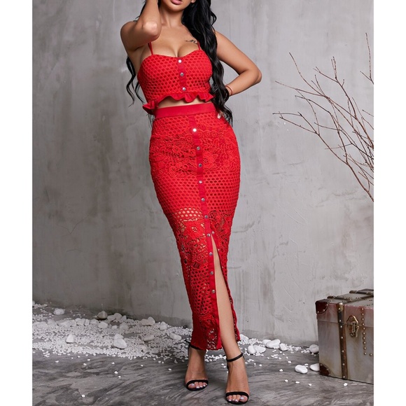 MBM Unlimited Dresses & Skirts - Red Lace Crop Top Midi Skirt Two Piece Dress Set